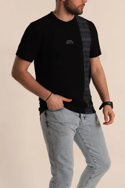 Siyah Slim fit Desenli Yazı Detay Erkek Tişört 268626