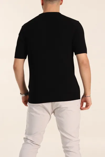 Siyah Slim Fit Dokulu Basic Kısa Kollu Erkek Triko Tişört 338599