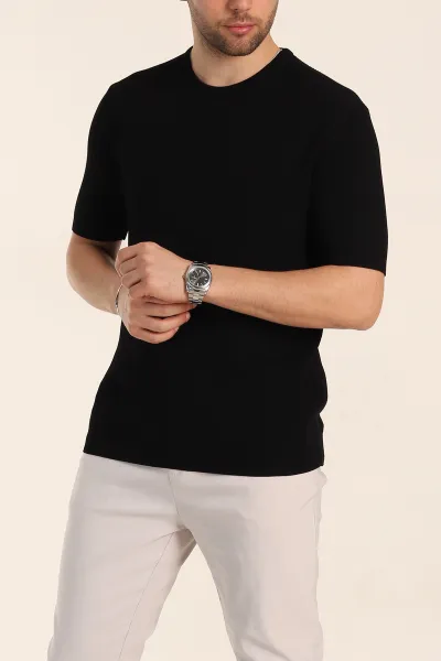 Siyah Slim Fit Dokulu Basic Kısa Kollu Erkek Triko Tişört 338599