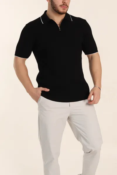 Siyah Slim Fit Dokulu Fermuarlı Polo Yaka Kısa Kollu Erkek Triko Tişört 338616