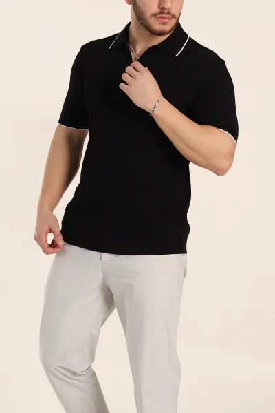 Siyah Slim Fit Dokulu Fermuarlı Polo Yaka Kısa Kollu Erkek Triko Tişört 338616
