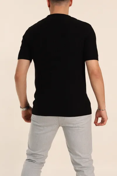 Siyah Slim Fit Dokulu Kısa Kollu Erkek Triko Tişört 338897