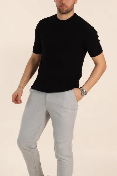 Siyah Slim Fit Dokulu Kısa Kollu Erkek Triko Tişört 338897