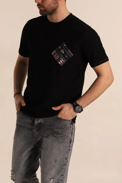 Siyah Slim Fit Etnik Desen Yamalı Duble Kol Erkek Tişört 268707