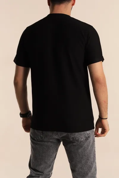Siyah Slim Fit Etnik Desenli Duble Kol Erkek Tişört 268657
