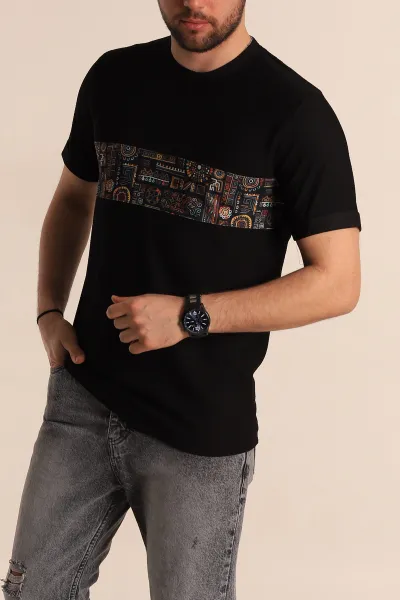 Siyah Slim Fit Etnik Desenli Duble Kol Erkek Tişört 268657