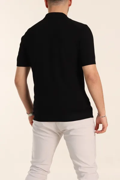 Siyah Slim Fit Fermuarlı Polo Yaka Kısa Kollu Erkek Triko Tişört 338605