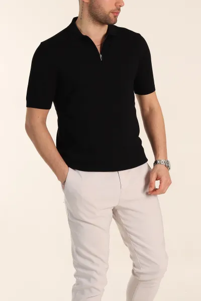 Siyah Slim Fit Fermuarlı Polo Yaka Kısa Kollu Erkek Triko Tişört 338605