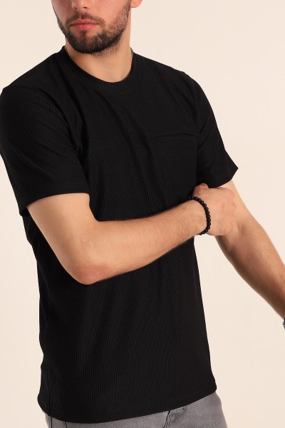 Siyah Slim Fit Fitilli Doku Cepli Erkek Tişört 190182