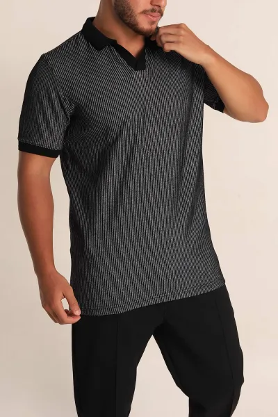 Siyah Slim Fit Fitilli Doku Polo Yaka Erkek Tişört 262702
