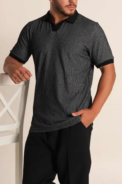 Siyah Slim Fit Fitilli Doku Polo Yaka Erkek Tişört 262702
