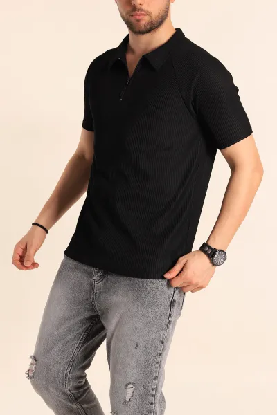 Siyah Slim Fit Jakarlı Fermuarlı Polo Yaka Erkek Tişört 256029