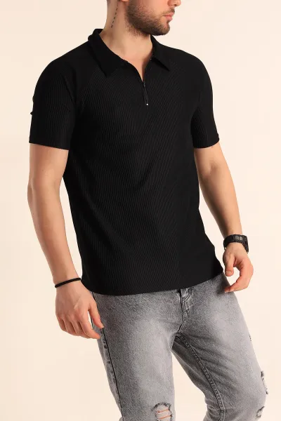 Siyah Slim Fit Jakarlı Fermuarlı Polo Yaka Erkek Tişört 256029