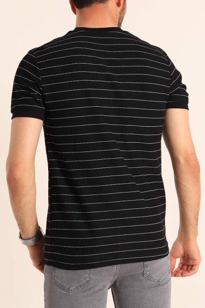 Siyah Slim Fit Kabartma Yazılı Çizgili Erkek Tişört 186844