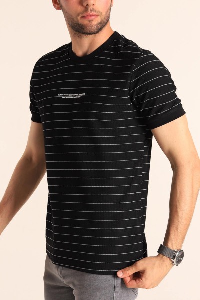 Siyah Slim Fit Kabartma Yazılı Çizgili Erkek Tişört 186844