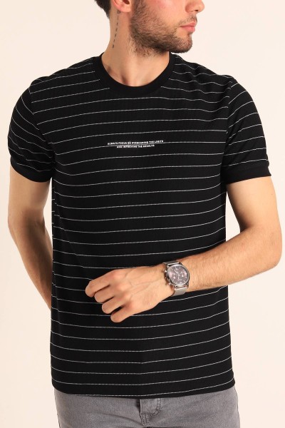 Siyah Slim Fit Kabartma Yazılı Çizgili Erkek Tişört 186844