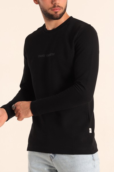 Siyah Slim Fit Kabartma Yazılı Erkek Sweat 205669