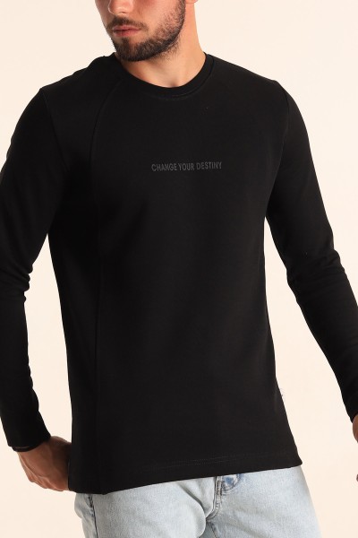 Siyah Slim Fit Kabartma Yazılı Erkek Sweat 205669