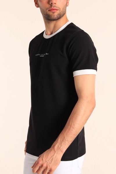 Siyah Slim Fit Kabartma Yazılı Erkek Tişört 186797