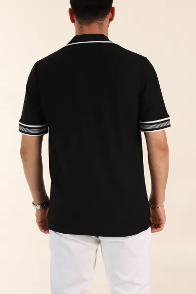 Siyah Slim Fit Kol Detaylı Fermuarlı Polo Yaka Erkek Triko Tişört 369509