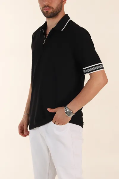 Siyah Slim Fit Kol Detaylı Fermuarlı Polo Yaka Erkek Triko Tişört 369509