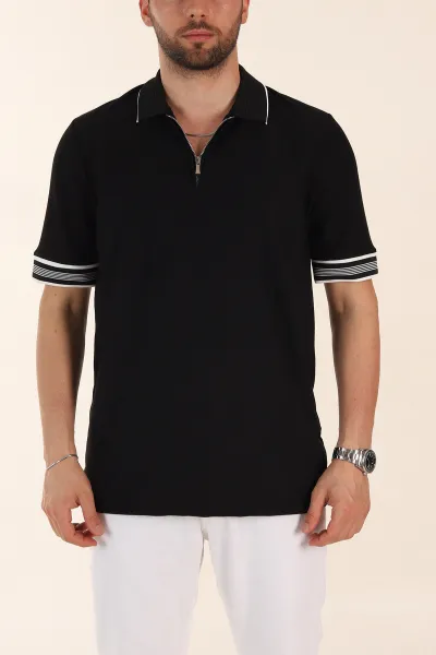 Siyah Slim Fit Kol Detaylı Fermuarlı Polo Yaka Erkek Triko Tişört 369509