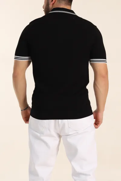 Siyah Slim Fit Likralı Fermuarlı Polo Yaka Kısa Kollu Triko Tişört 338552
