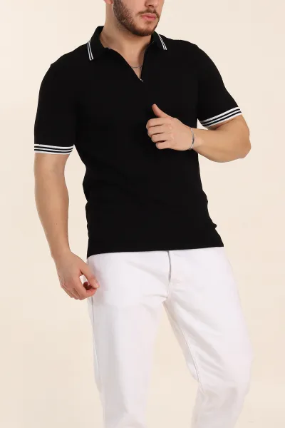 Siyah Slim Fit Likralı Fermuarlı Polo Yaka Kısa Kollu Triko Tişört 338552