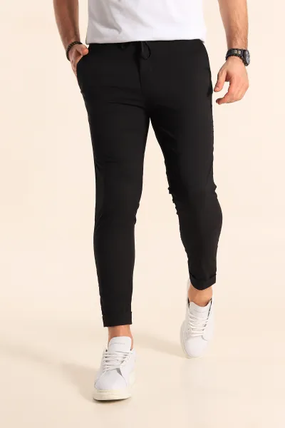 Siyah Slim Fit Likralı Paraşüt Kumaş Duble Paça Erkek Jogger Pantolon 247816
