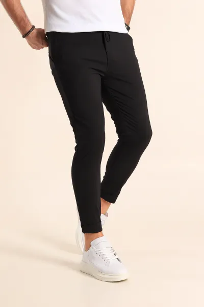 Siyah Slim Fit Likralı Paraşüt Kumaş Duble Paça Erkek Jogger Pantolon 247816
