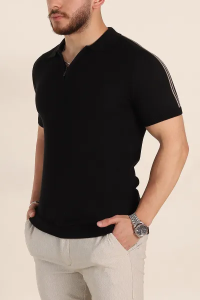 Siyah Slim Fit Omuz Şerit Detaylı Fermuarlı Polo Yaka Erkek Triko Tişört 358398