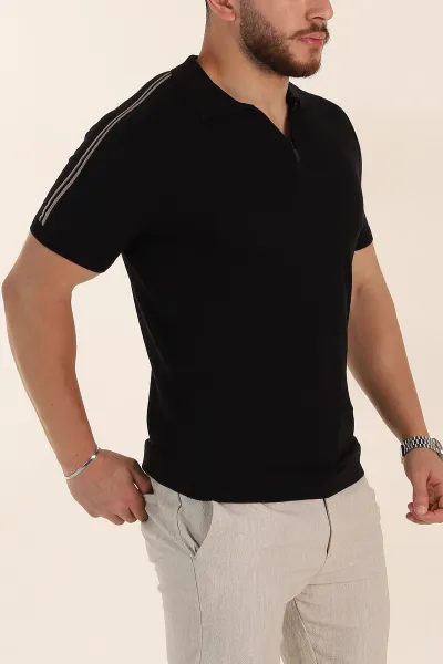 Siyah Slim Fit Omuz Şerit Detaylı Fermuarlı Polo Yaka Erkek Triko Tişört 358398