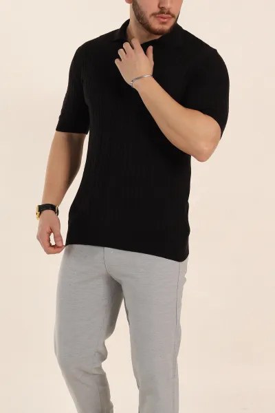 Siyah Slim Fit Örgü Desenli Polo Yaka Kısa Kollu Erkek Triko Tişört 338933