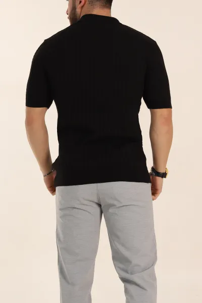 Siyah Slim Fit Örgü Desenli Polo Yaka Kısa Kollu Erkek Triko Tişört 338933