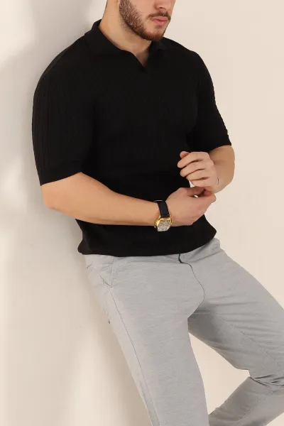 Siyah Slim Fit Örgü Desenli Polo Yaka Kısa Kollu Erkek Triko Tişört 338933