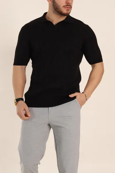Siyah Slim Fit Örgü Desenli Polo Yaka Kısa Kollu Erkek Triko Tişört 338933