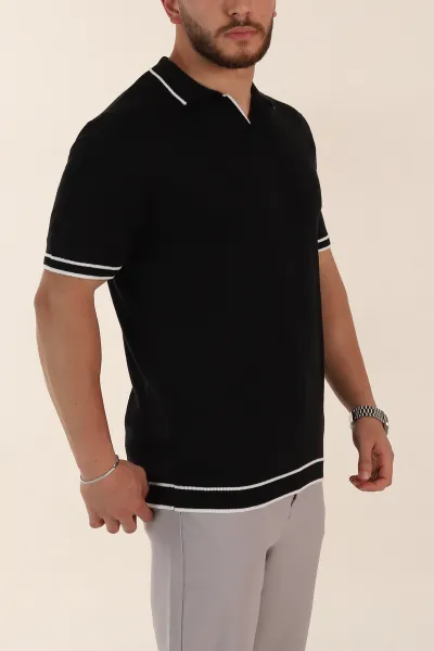 Siyah Slim Fit Patlı Polo Yaka Erkek Triko Tişört 358351