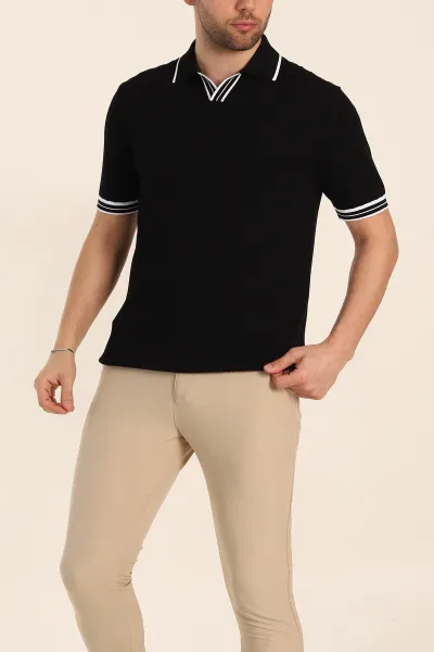Siyah Slim Fit Patlı Polo Yaka Kısa Kollu Erkek Triko Tişört 338580