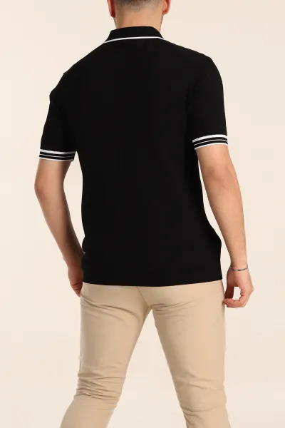 Siyah Slim Fit Patlı Polo Yaka Kısa Kollu Erkek Triko Tişört 338580