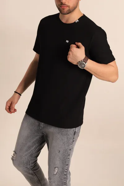 Siyah Slim Fit Petek Dokulu Cep Detaylı Geniş Yaka Erkek Tişört 257206