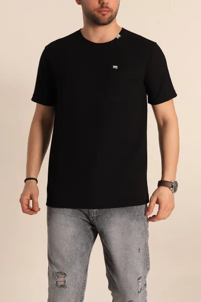 Siyah Slim Fit Petek Dokulu Cep Detaylı Geniş Yaka Erkek Tişört 257206
