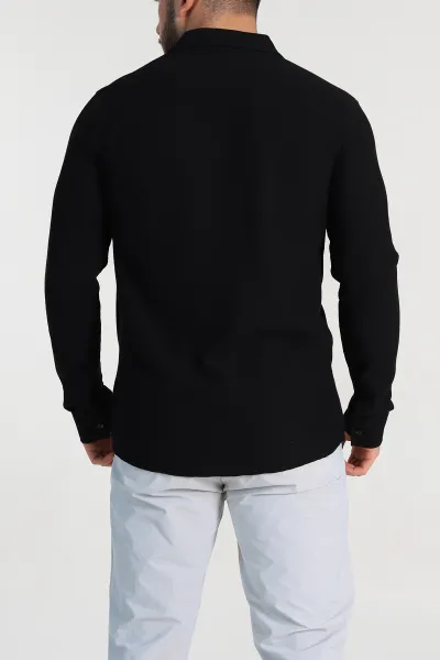 Siyah Slim Fit Petek Dokulu Uzun Kollu Erkek Gömlek 325209