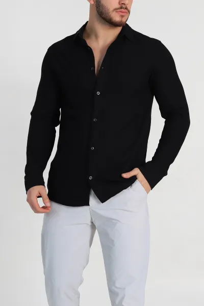 siyah-slim-fit-petek-dokulu-uzun-kollu-erkek-gomlek-325209