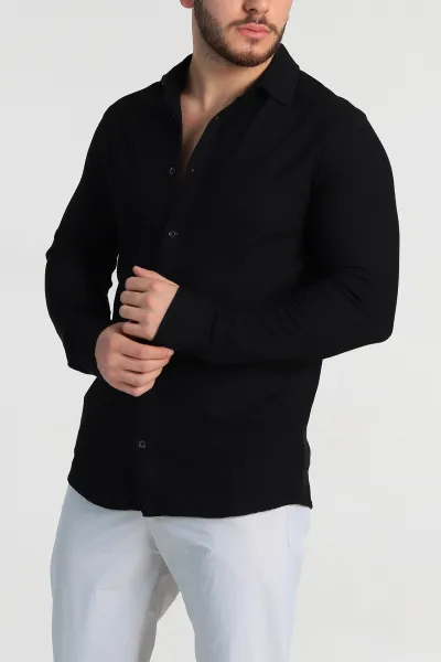 Siyah Slim Fit Petek Dokulu Uzun Kollu Erkek Gömlek 325209
