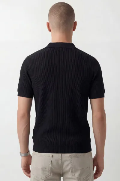 Siyah Slim Fit Polo Yaka Triko Erkek Tişört 449049