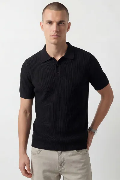 Siyah Slim Fit Polo Yaka Triko Erkek Tişört 449049