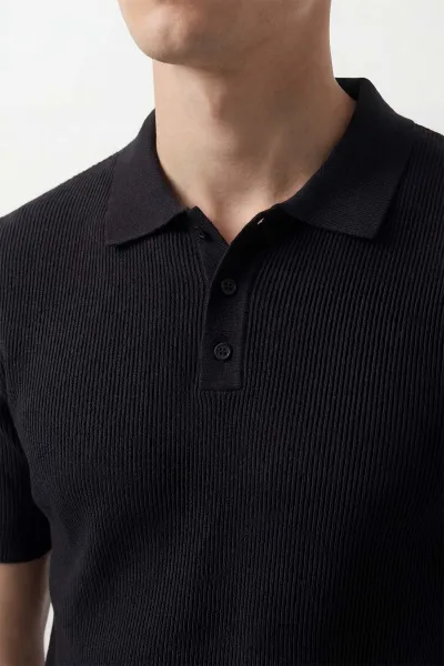 Siyah Slim Fit Polo Yaka Triko Erkek Tişört 449049