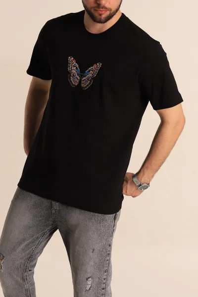 Siyah Slim Fit Suprem Kumaş Kelebek Nakışlı Erkek Tişört 275978