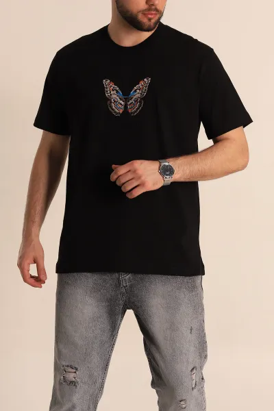 Siyah Slim Fit Suprem Kumaş Kelebek Nakışlı Erkek Tişört 275978