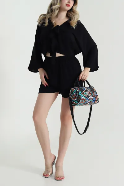 Siyah Şortlu Kimono Viskon Kadın İkili Takım 473829